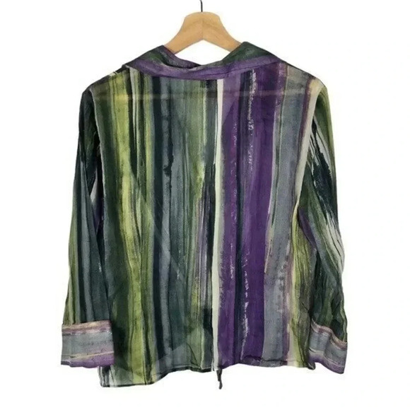 Lafayette 148 Purple & Green Watercolor Tie Front Silk Blend Long Sleeve 14 - Picture 2 of 4